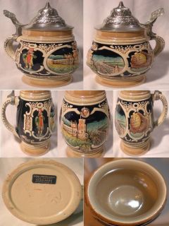 German Lidded Beer Stein Barware Mug Ceramic Tankard Knoblauch Germany Vintage
