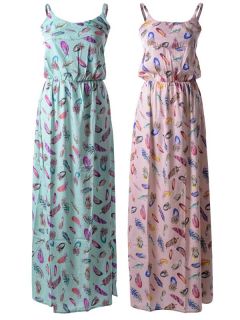 Ladies Sleeveless Strappy Fitted Waist Cut Out Back Feather Print Maxi Dresses