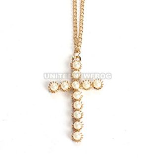 UN3F Beautiful Pearl Cross Pendant Long Sweater Chain Necklace Collar Necklaces