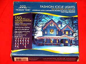 New Holiday Time Icicle Lights Red White Bulb w White Wire 150ct 9ft Long