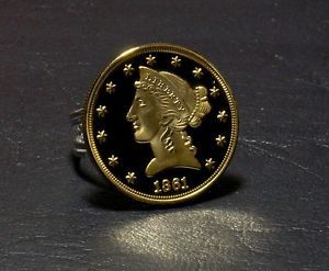 $5 Gold Liberty 24K Gold Plated Reproduction Coin Sterling Silver Ring