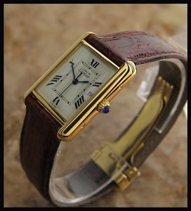 Authentic Mens 18K Gold Plated Over Silver Must de Cartier Tank Watch C 2009
