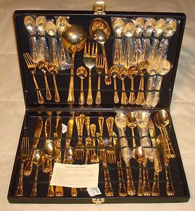 60 PC Wm Rogers Son Gold Plated Enchanted Rose Stainless Flatware Set w Box