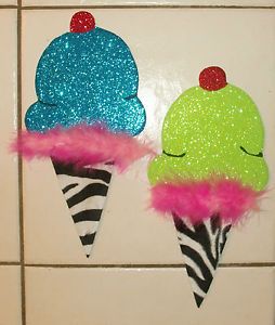 2 Ice Cream Zebra Cones Neon Lime Green Turquoise Kids Hanging Wall Art Bedding