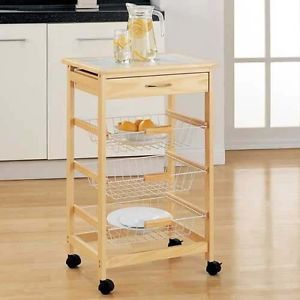 Pine Wood Kitchen Cart w Thee Baskets New