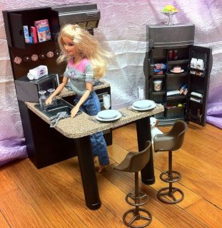 OOAK Barbie Kitchen Furniture Bar Refrigerator Stools Food Dishes Diorama Lot
