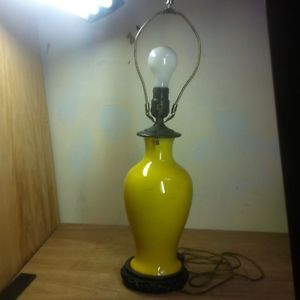 Vintage Chinese Yellow Enamel Vase Lamp Carved Base Missing Shade