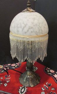 Victorian Style Glass Shade Beaded Fringe Boudoir Metal Base Table Lamp Light