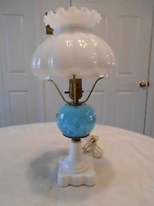 Vintage Blue Art Glass Paperweight Hurricane Lamp on Milk Glass Base Shade