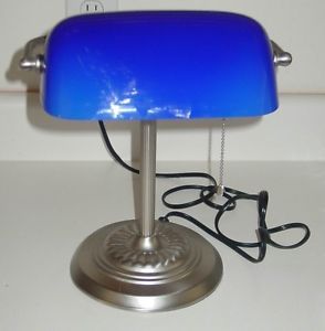 Bankers Lamp Student Legal Desk Light w Cobalt Blue Glass Shade Chrome Base