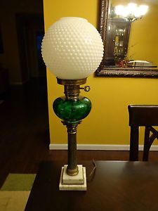 Antique Lamp Marble Base Brass Green Glass and Milk Glass Shade
