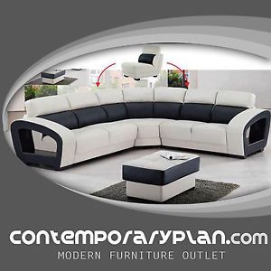 Contemporary Two Tone High Back Leather Sectional Sofa with Matching Ottoman