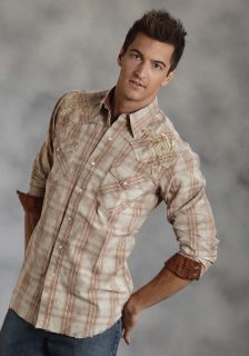 Roper Performance Mens Shirt Western 100 Cotton Brown Ombre Dobby Plaid 508
