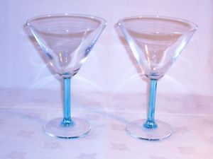 Set of 2 Martini Cocktail Glasses Light Blue Stem Clear Bulb VGC