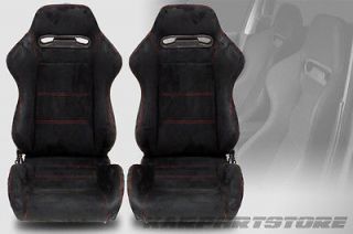 2X Front Lightweighted Tiltable Black Suede Leather Red Stitched Bucket Seats