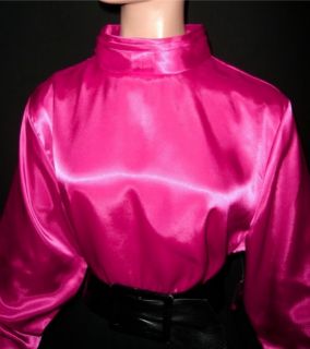2X Hot Pink Shiny Liquid Satin High Neck Blouse Shirt Top 2X Plus Size Vtg St