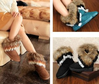 BN Winter Women Artificial Rabbit Fox Fur Flat Snow Boots Warm Mid Calf 3 Colors