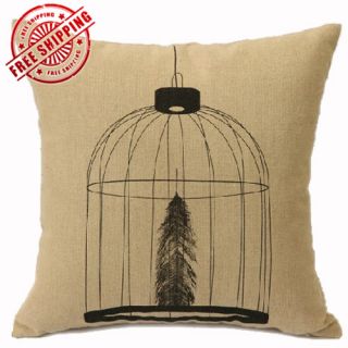 NW Beige Vintage Art Bird Cage Feather Decorative Pillow Case Cushion Cover Sham