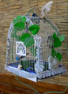 Antique Vintage Art Deco Crown Canary Parakeet Bird Cage w Glass Feeder Brass