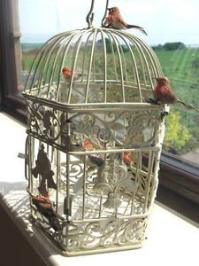 Shabby Chic Cream Wedding Bird Cage with Artificial Robins Hexagonal or Round