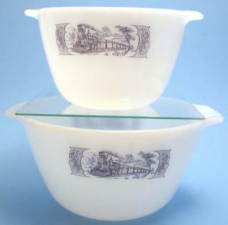 2 Currier Ives Blue on White Milk Glass Handled Mixing Bowls Train Scene