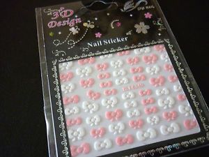 Hello Kitty Style Pink White Bows 3D Design Nail Art Stickers Decals 634D