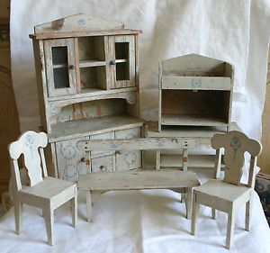 Antique Folk Art Doll Furniture Kitchen Set Painted Step Back Cupboard Table