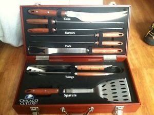 CHICAGO CUTLERY 8 Piece BBQ Grill Set in Wood Box Never Used