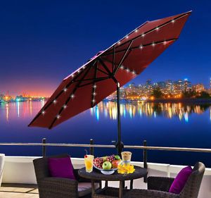 9' Outdoor Solar 24 LED Light Patio Deck Shade Market Umbrella w Tilt Wine Red