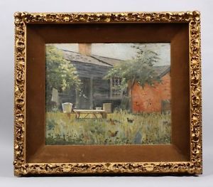 Antique American Chicken Farm Rural Landscape Rooster Oil Painting Picnic Table