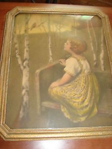 Vintage Antique Wood Frame Print Picture Baby Girl Bird Tree Art Glass Old Art