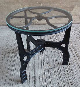 2 Antique Vintage Industrial Cast Iron Side Table Plant Stand w Glass Top