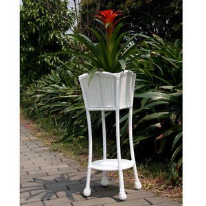 White Resin Wicker Outdoor Planter Plant Stand