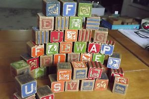 Lot of 46 Vintage Wooden Alphabet Number Animals Disney Toy Building Blocks