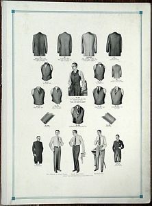 1928 Men's Fashion Illustration 2 Large Black White Lithograph Beautiful