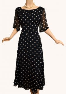 Vintage 30s Inspired Black Taupe Polka Dot Flowing Chiffon Dress