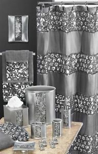 Sinatra Silver Glitter Waste Basket Set Shower Curtain Rugs and Towels