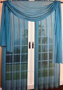 3 Piece Sheer Voile Panel Set Window Covering Turquoise Blue Curtains Scarf