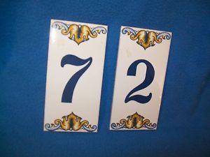Hand Painted Ceramic Tiles House Number Portugal White Blue Gold Number 7 or 2