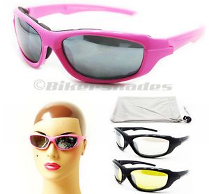 Motorcycle Pink Frame Sunglasses Smoke Clear Yellow Women Girl Lady Foam Padded