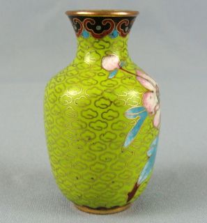 Antique Pre War Chinese Green Pink Floral Design Cloisonne Enamel Brass Bud Vase