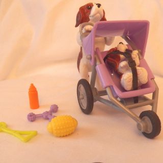 Barbie Posh Pet Brown White Mom Dog Puppy Push Purple Stroller Baby Play Toys