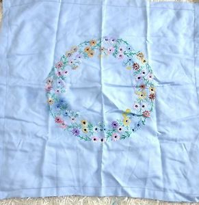 Vintage Hand Embroidered Table Linen Cloth Cover Retro Embroidery Flowers Blue