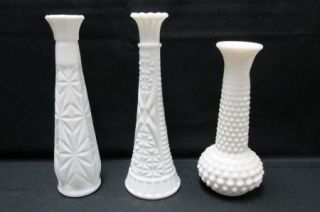 White Milk Glass Bud Flower Vases Wedding Shower Vintage Lot 15 LG SM Hobnail
