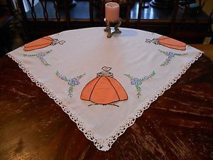 Vtg Chic Hand Embroidered Linen Crochet Lace Table Top Cloth Crinoline Lady 32"