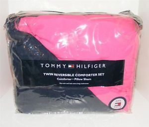 Tommy Hilfiger Twin XL Comforter Sham Set Hot Pink Navy Blue Solid Reversible