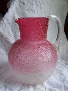 RARE Antique Boston Sandwich Cranberry Clear Overshot Glass Water Pitcher 8"