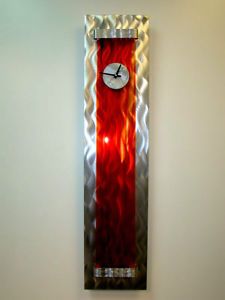 Large Modern Abstract Silver Red Metal Wall Art Decor Sculpture "Blaze Clock"