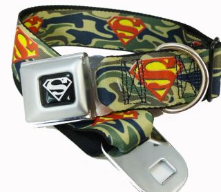Superman Blue or Green Camo Seat Belt Buckle Dog Collars or Leash 4 Sizes