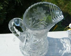 Vintage Crystal Cut Glass Flowers Sunflower Cornflower 38 oz Large Water Pitcher